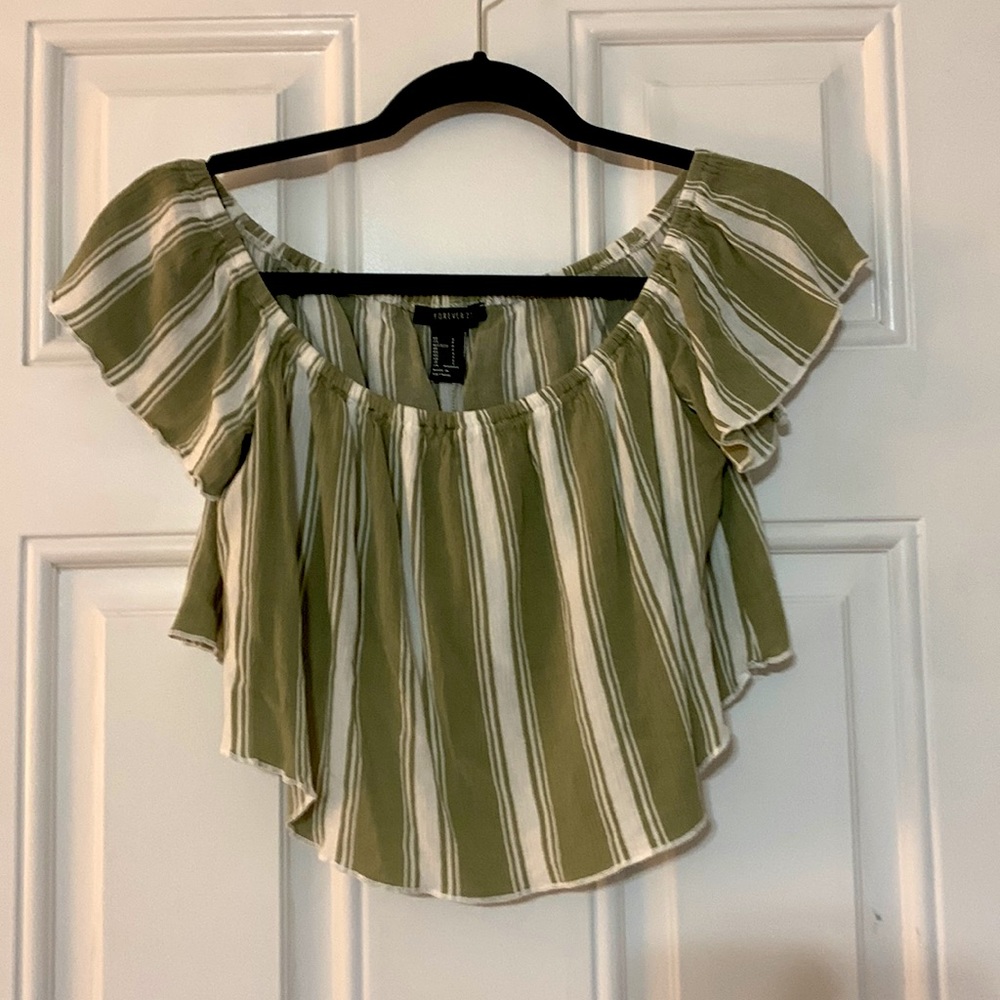 Striped Green and White Forever 21 Crop Top With Built in Bra